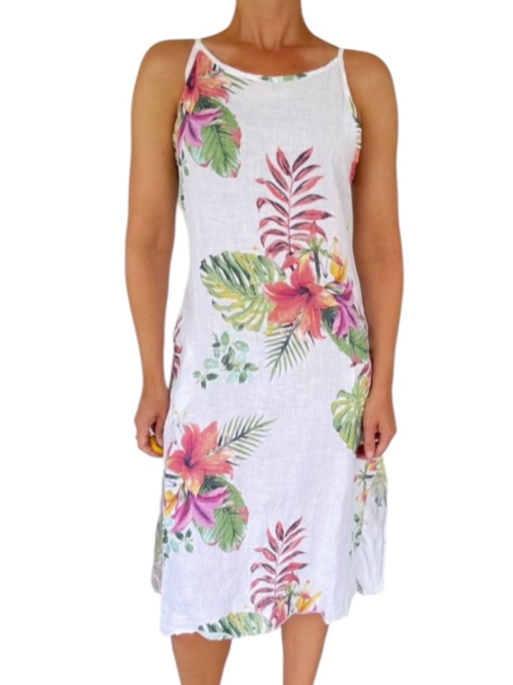 Lungo L’arno 100% linen white tropical floral sleeveless shift dress medium